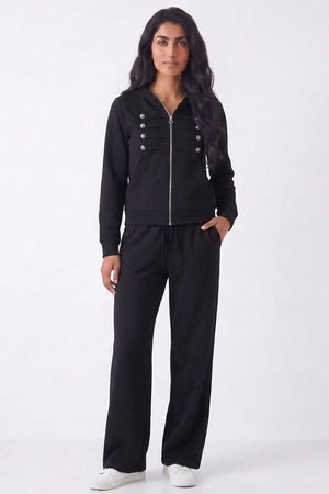BLACK HOODED MILITARY DETAIL ZIP UP WIDE LEG TRACKSUIT SET