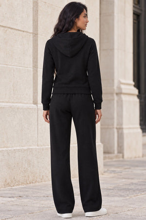 BLACK HOODED MILITARY DETAIL ZIP UP WIDE LEG TRACKSUIT SET