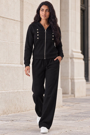 BLACK HOODED MILITARY DETAIL ZIP UP WIDE LEG TRACKSUIT SET