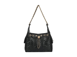 BLACK FAUX LEATHER QUILTED GOLD CHAIN SHOULDER BAG