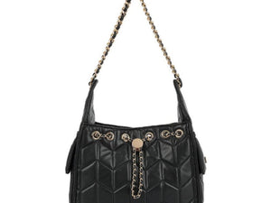 BLACK FAUX LEATHER QUILTED GOLD CHAIN SHOULDER BAG