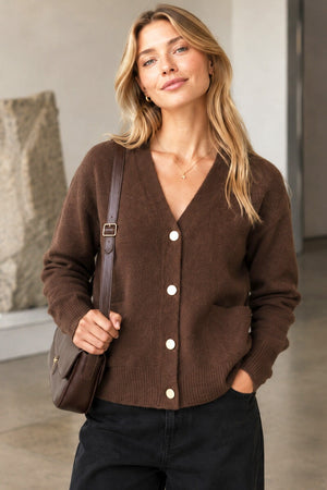 COFFEE TWO POCKET BUTTON KNIT CARDIGAN