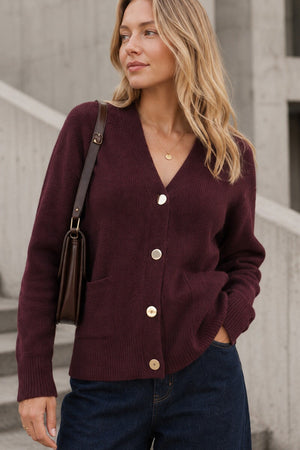 FIG TWO POCKET BUTTON KNIT CARDIGAN