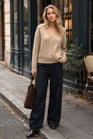OATMEAL TWO POCKET BUTTON KNIT CARDIGAN