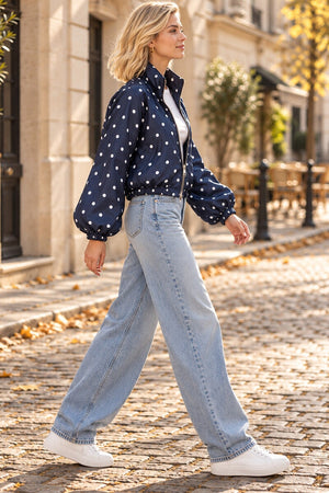 NAVY POLKA DOT BUBBLE HEM ZIP WINDBREAKER JACKET