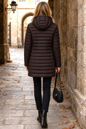 CHOCOLATE HOODED LIGHTWEIGHT QUILT PUFFER JACKET