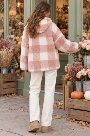 PINK AND WHITE CHECK POCKET DETAIL HOODED TEDDY JACKET