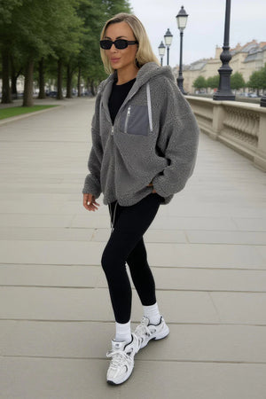 AX PARIS GREY POCKET DETAIL HOODED TEDDY JACKET