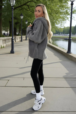 AX PARIS GREY POCKET DETAIL HOODED TEDDY JACKET