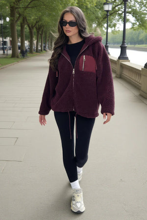 AX PARIS BURGUNDY POCKET DETAIL HOODED TEDDY JACKET