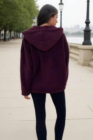 AX PARIS BURGUNDY POCKET DETAIL HOODED TEDDY JACKET