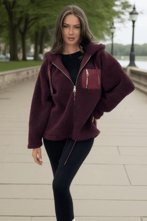 AX PARIS BURGUNDY POCKET DETAIL HOODED TEDDY JACKET