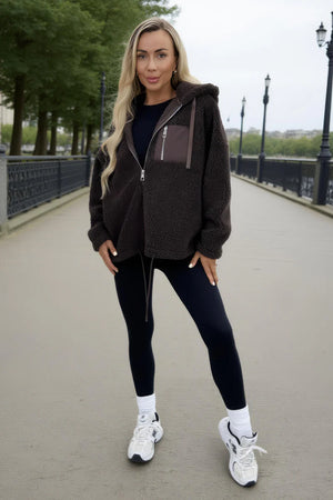 AX PARIS CHOCOLATE POCKET DETAIL HOODED TEDDY JACKET