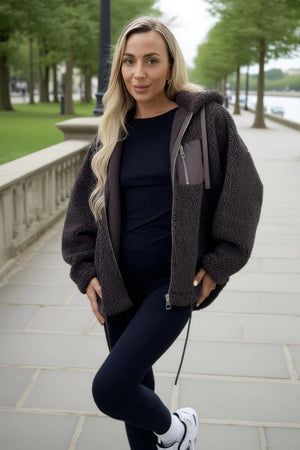 AX PARIS CHOCOLATE POCKET DETAIL HOODED TEDDY JACKET