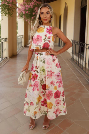AX PARIS MULTI FLORAL PRINT PLEATED MIDI SKIRT