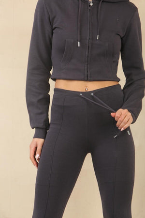 SLATE GREY CROPPED ZIPPED HOODIE WITH BELL BOTTOM TROUSER