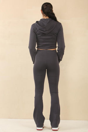 SLATE GREY CROPPED ZIPPED HOODIE WITH BELL BOTTOM TROUSER
