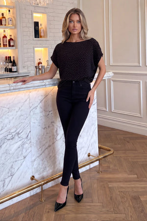 AX PARIS BLACK DIAMANTE ASYMMETRIC DRAPED TOP