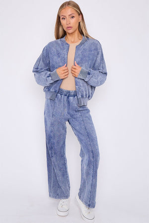 BLUE ACID WASH ZIPPED BOMBER SWEATSHIRT WITH STRAIGHT LEG TROUSER