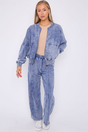 BLUE ACID WASH ZIPPED BOMBER SWEATSHIRT WITH STRAIGHT LEG TROUSER