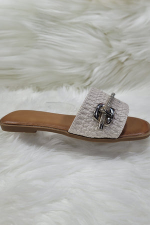 BEIGE TEXTURED EMBELLISHED TRIM FAUX LEATHER SLIDER