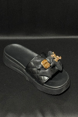 BLACK QUILTED GOLD TRIM FAUX LEATHER PLATFORM SLIDER