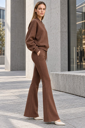 CHOCOLATE ZIPPED BOMBER JACKET AND FLARE LEG TROUSER SET