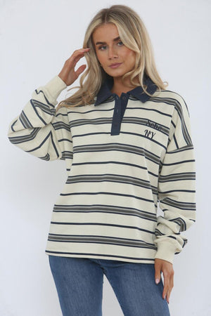 NAVY AND CREAM STRIPED COLLAR SWEATSHIRT
