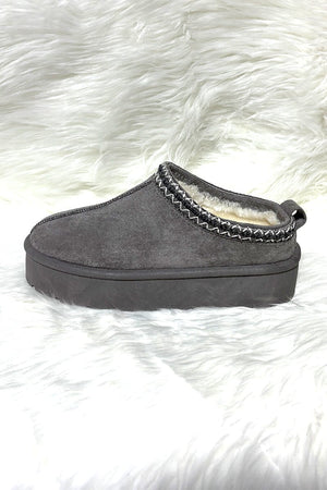 GREY FAUX SUEDE SLIP ON PLATFORM SLIPPERS