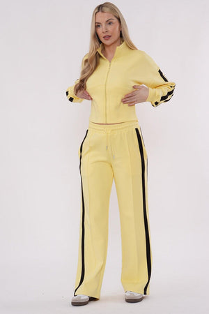 YELLOW CROPPED DOUBLE STRIPE ZIPPED SWEATSHIRT WITH WIDE LEG TROUSER