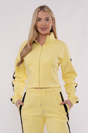 YELLOW CROPPED DOUBLE STRIPE ZIPPED SWEATSHIRT WITH WIDE LEG TROUSER