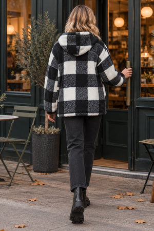 BLACK AND WHITE CHECK POCKET DETAIL HOODED TEDDY JACKET