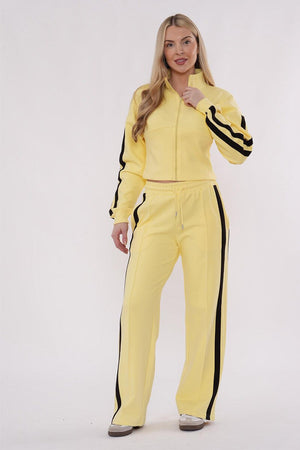 YELLOW CROPPED DOUBLE STRIPE ZIPPED SWEATSHIRT WITH WIDE LEG TROUSER