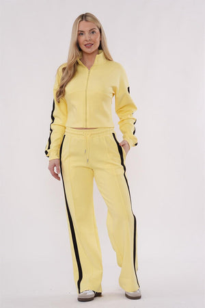 YELLOW CROPPED DOUBLE STRIPE ZIPPED SWEATSHIRT WITH WIDE LEG TROUSER
