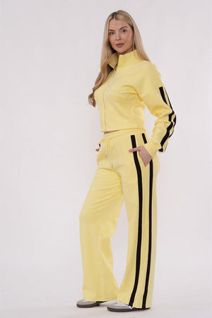 YELLOW CROPPED DOUBLE STRIPE ZIPPED SWEATSHIRT WITH WIDE LEG TROUSER