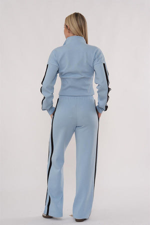 BLUE CROPPED DOUBLE STRIPE ZIPPED SWEATSHIRT WITH WIDE LEG TROUSER