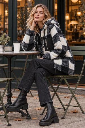 BLACK AND WHITE CHECK POCKET DETAIL HOODED TEDDY JACKET