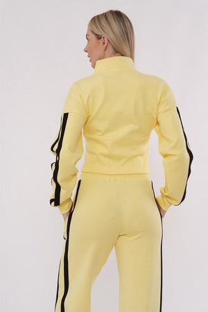 YELLOW CROPPED DOUBLE STRIPE ZIPPED SWEATSHIRT WITH WIDE LEG TROUSER