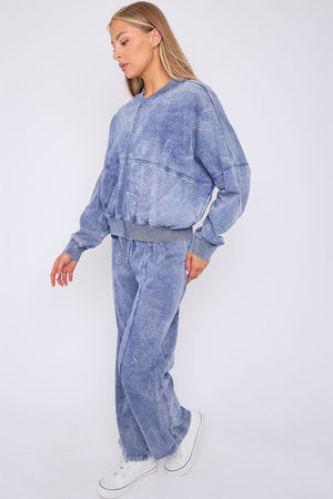 BLUE ACID WASH ZIPPED BOMBER SWEATSHIRT WITH STRAIGHT LEG TROUSER