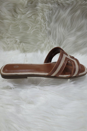TAN CUT OUT WOVEN TRIM FAUX LEATHER SLIDER