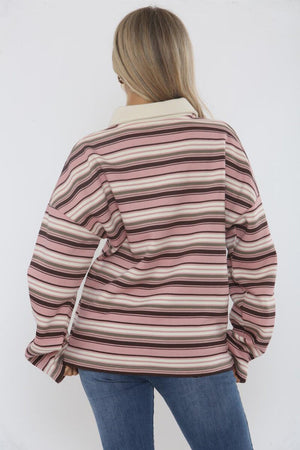 PINK AND CREAM STRIPED COLLAR SWEATSHIRT