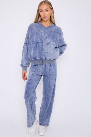 BLUE ACID WASH ZIPPED BOMBER SWEATSHIRT WITH STRAIGHT LEG TROUSER