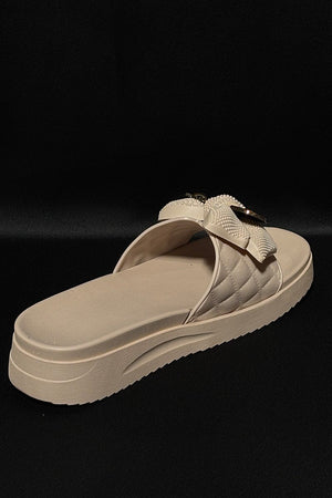 BEIGE QUILTED GOLD TRIM FAUX LEATHER PLATFORM SLIDER
