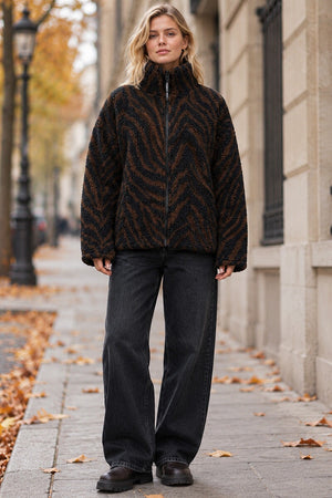 CHOCOLATE AND BLACK ANIMAL PRINT ZIP-UP TEDDY JACKET