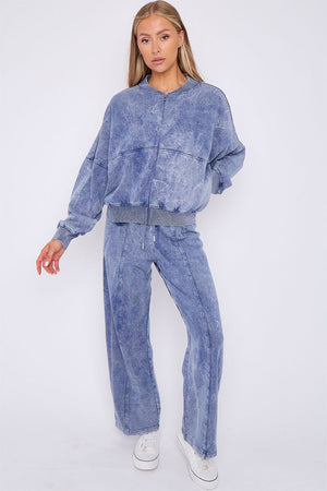 BLUE ACID WASH ZIPPED BOMBER SWEATSHIRT WITH STRAIGHT LEG TROUSER