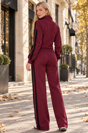 WINE CROPPED DOUBLE STRIPE ZIPPED SWEATSHIRT WITH WIDE LEG TROUSER