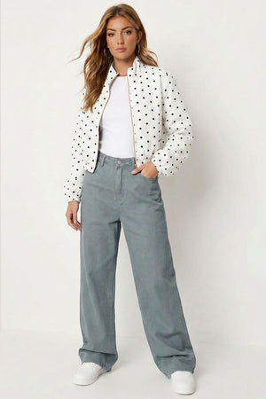 WHITE POLKA DOT BUBBLE HEM ZIP WINDBREAKER JACKET