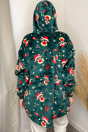 GREEN PRINTED JUNIOR OVERSIZED XMAS HOODED SNUGGLE