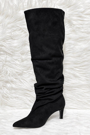 BLACK FAUX SUEDE SLOUCH KNEE HIGH BOOT
