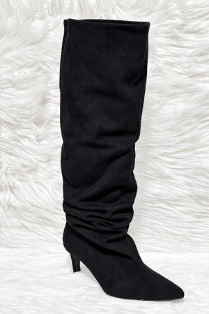 BLACK FAUX SUEDE SLOUCH KNEE HIGH BOOT